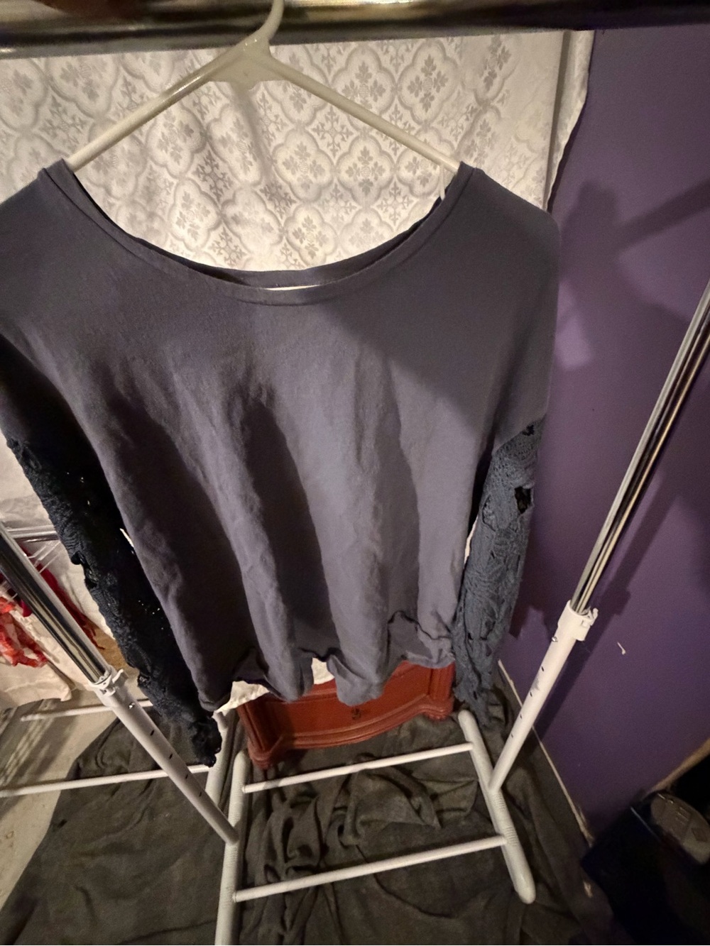 Umgee Navy Blue Scoop Neck Long Sleeve Top with Lace Sleeves